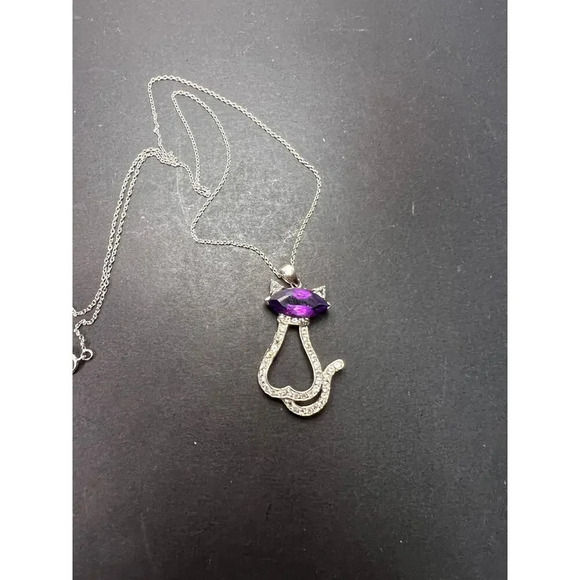 Amethyst white topaz Rhodium Over Silver Cat Pendant Chain 3.40ctw - Picture 3 of 11